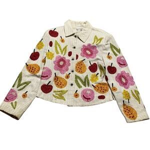 Vintage ANAGE Spring Fruit Floral Sequin Beaded Cotton Jacket Size Medium
